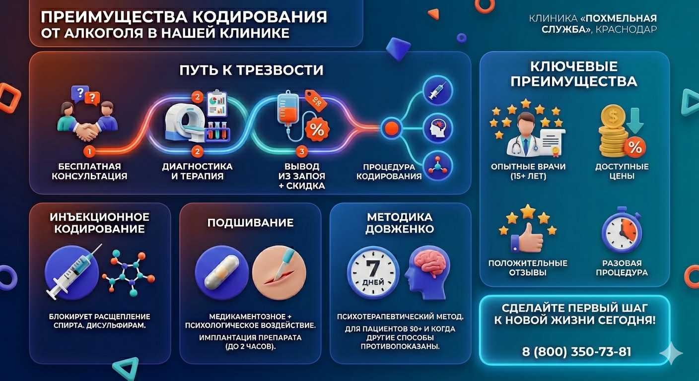 Инфографика о методах кодирования от алкоголя в Великом Новгороде: инъекции, подшивание, метод Довженко. Преимущества клиники и этапы лечения.